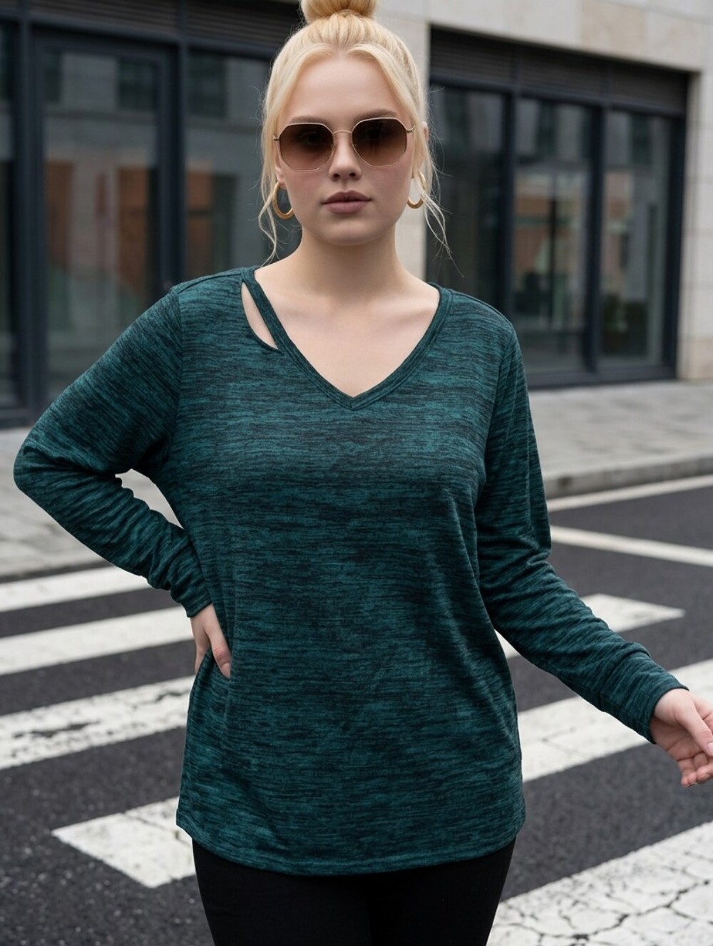 Xersion Plus 3X Deep Teal Marled Cutout V Neck Long Sleeve Sweater Top Pullover